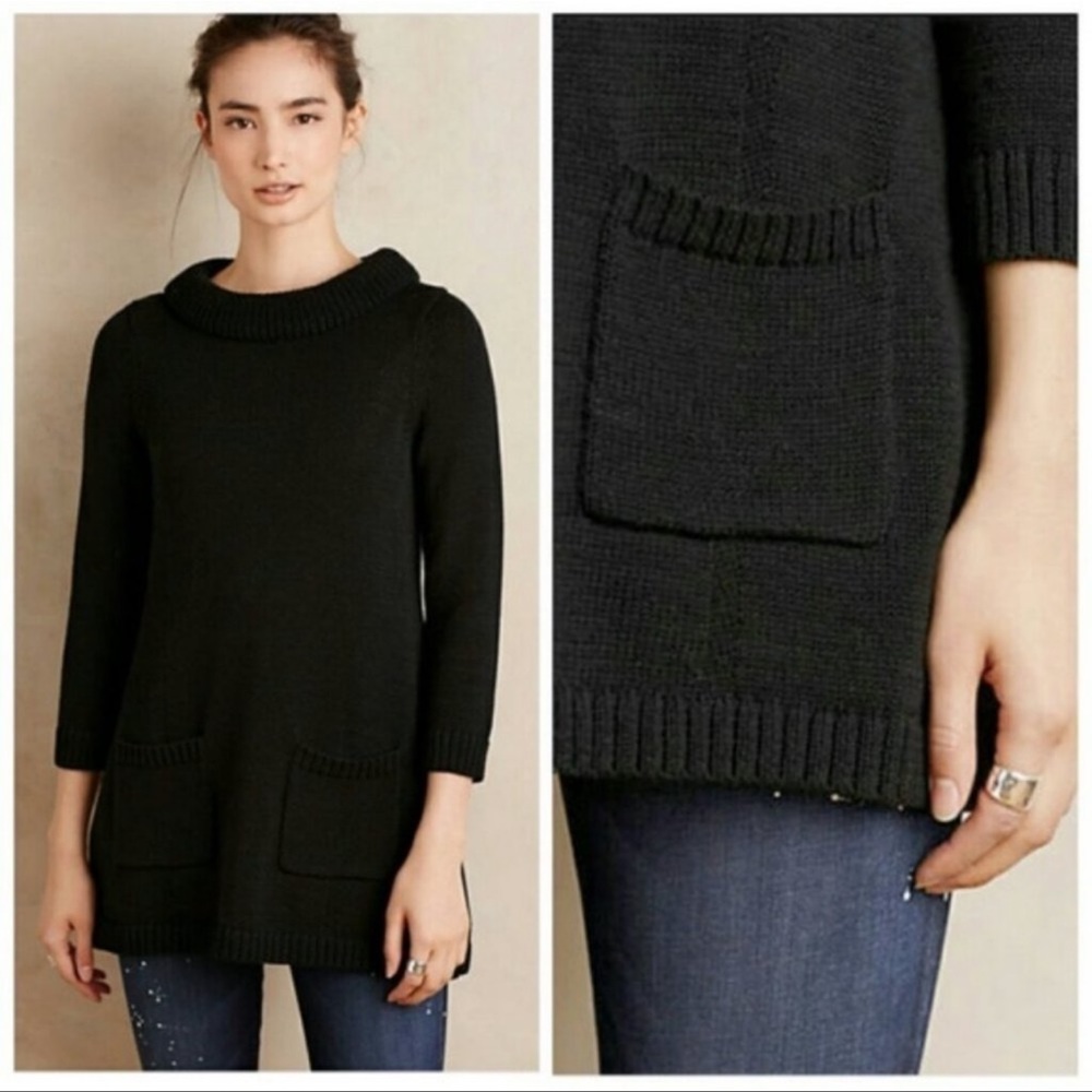 Anthropologie Sweater Tunic Square Pocket Black Field Flower Women’s Size Small